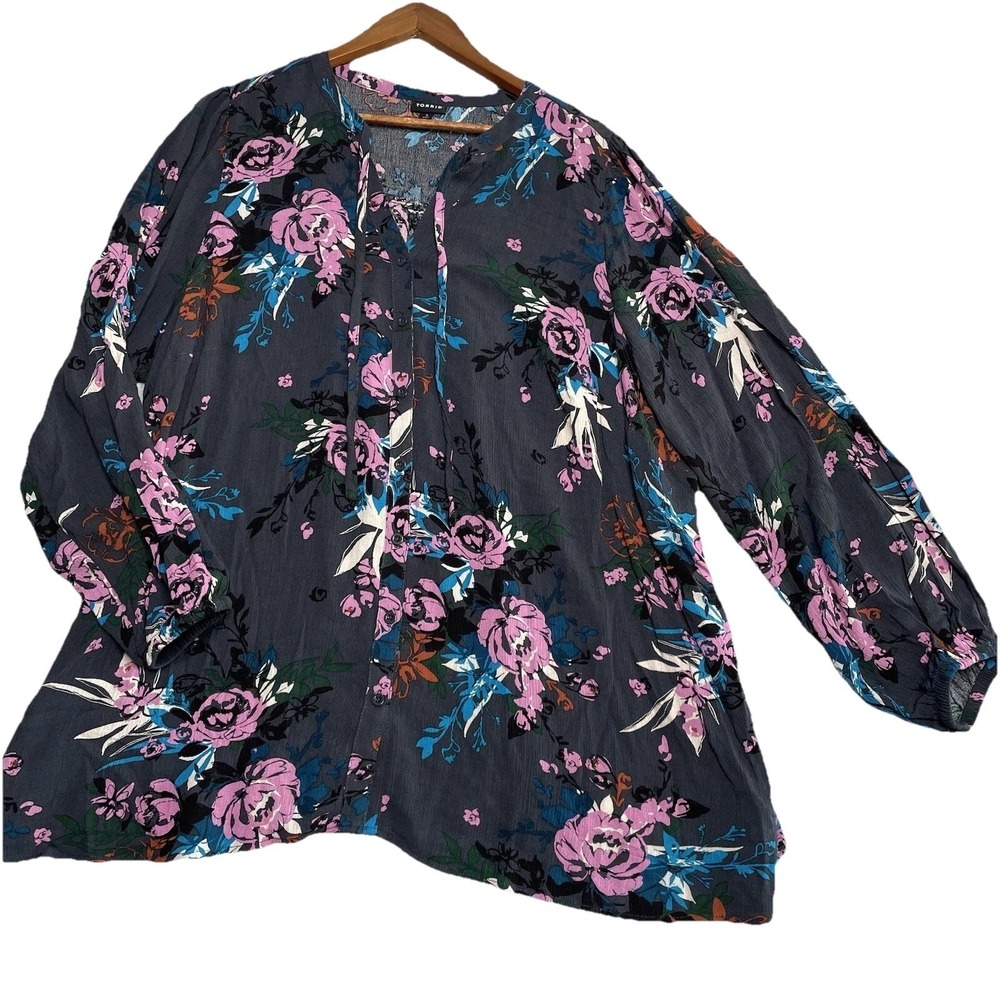 Torrid Womens Crinkle Gauze Peasant Blouse Women 3 (3X) Floral Button Front